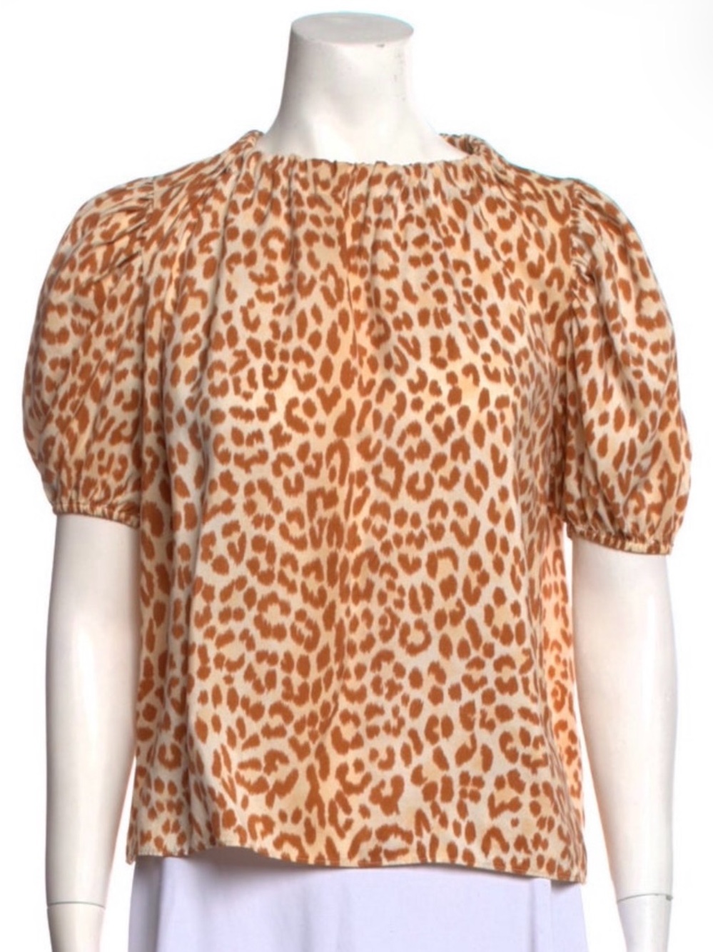 Ulla Johnson Cream & Tan Leopard-Print Silk Puff Sleeve Blouse